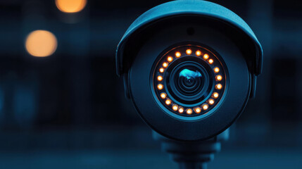 Close-up of a modern security camera, illuminated with circular LED lights, showcasing advanced technology in surveillance and monitoring systems.
