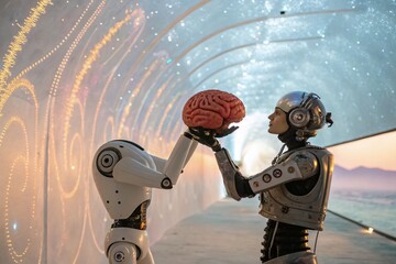 Surreal Photography of a Robot Holding a Human Brain, Blending Technology and Emotion in a Dreamlike Landscape with Abstract Elements and Vivid Colors