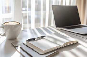Minimalist Workspace with Open Notebook, Pen, and Coffee