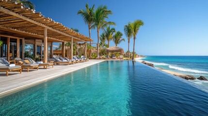 Fototapeta premium Infinity pool overlooking a tropical ocean with palm trees.