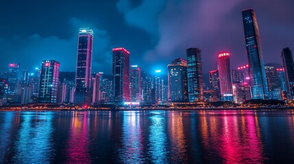 Fototapeta premium A vibrant cityscape at night with skyscrapers illuminated in neon lights, reflected in the still waters of a river.