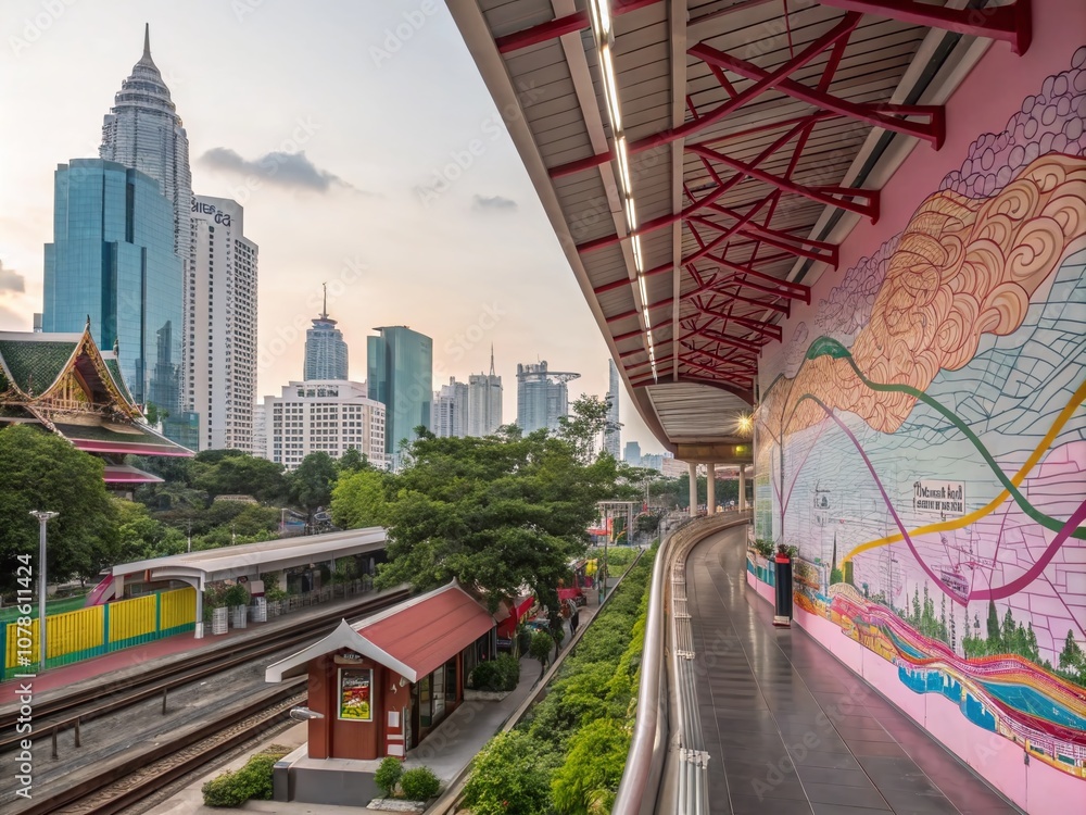 Poster surreal representation of the bts route map in bangkok with dreamlike elements and vivid colors, env