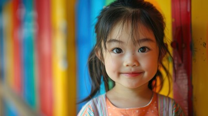 Surrounded by dynamic backgrounds, a curious Asian child's inquisitive expression reveals her insatiable thirst for knowledge and discovery