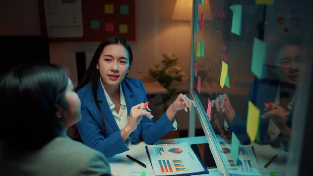 Two young businesswomen brainstorm ideas using sticky notes and markers on a glass wall in their office at night, showcasing teamwork and collaboration in a modern workspace