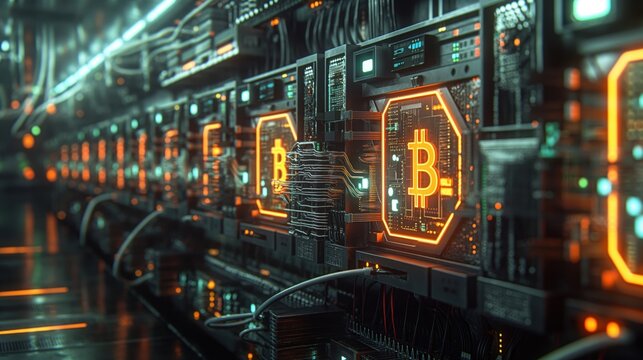 Bitcoin miners in a large farm. ASIC mining equipment on racks mines cryptocurrency. Integrated circuit data center. Bitcoin mining devices stand in a row. Cryptocurrency business.