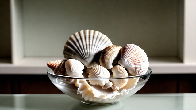 Glass bowl filled with sea shells on a flat surface.