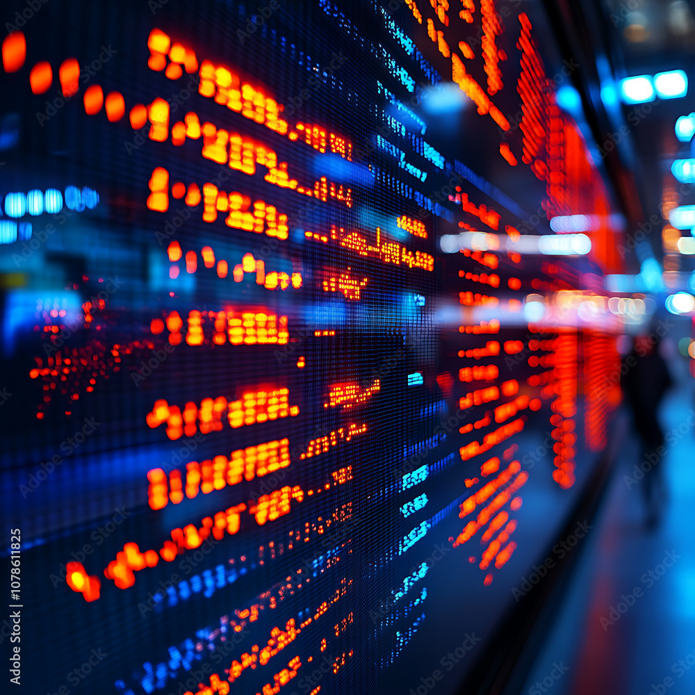 Poster digital display showing rapidly falling interest rates in financial setting, with vibrant orange and