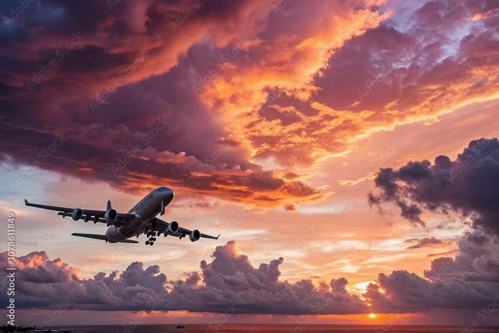Poster surreal scene of a giant airplane floating in a colorful sunset sky, capturing the imagination with 
