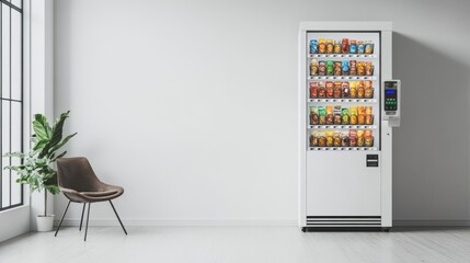 White Vending Machine with Snacks in a Modern Room