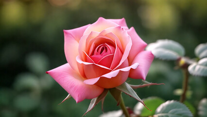 Closeup of a delicate pink rosebud with green blur.