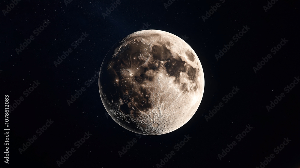 Poster close-up view of the moon's surface with craters and dark lunar maria in outer space against a starr
