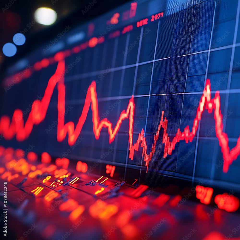 Aufkleber financial market analysis with red graph showing fluctuations and trends, illustrating volatility an