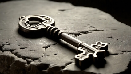 Antique key laying on a rugged gray stone.