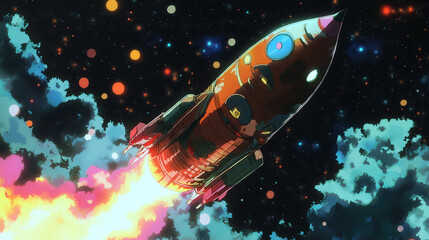 Fototapeta premium Anime or manga style space rocket. Animated cartoon scene.