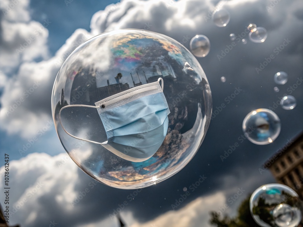 Poster surreal sphere with protective face mask: a dreamlike exploration of safety and vulnerability in a c