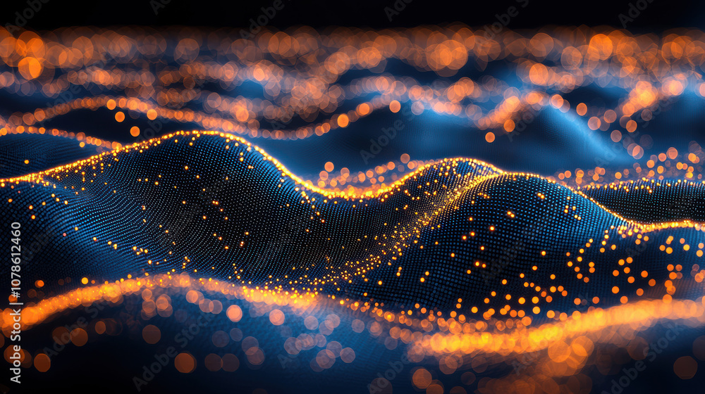Poster a mesmerizing abstract landscape featuring glowing particles creating waves of light, evoking a sens