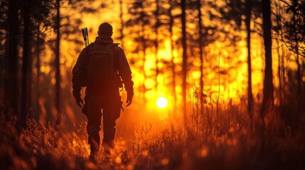 Fototapeta premium Silhouette of a Hunter Walking Through a Forest at Sunset