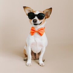 A small dog wearing a bright bow tie and tiny sunglasses, looking playful and happy