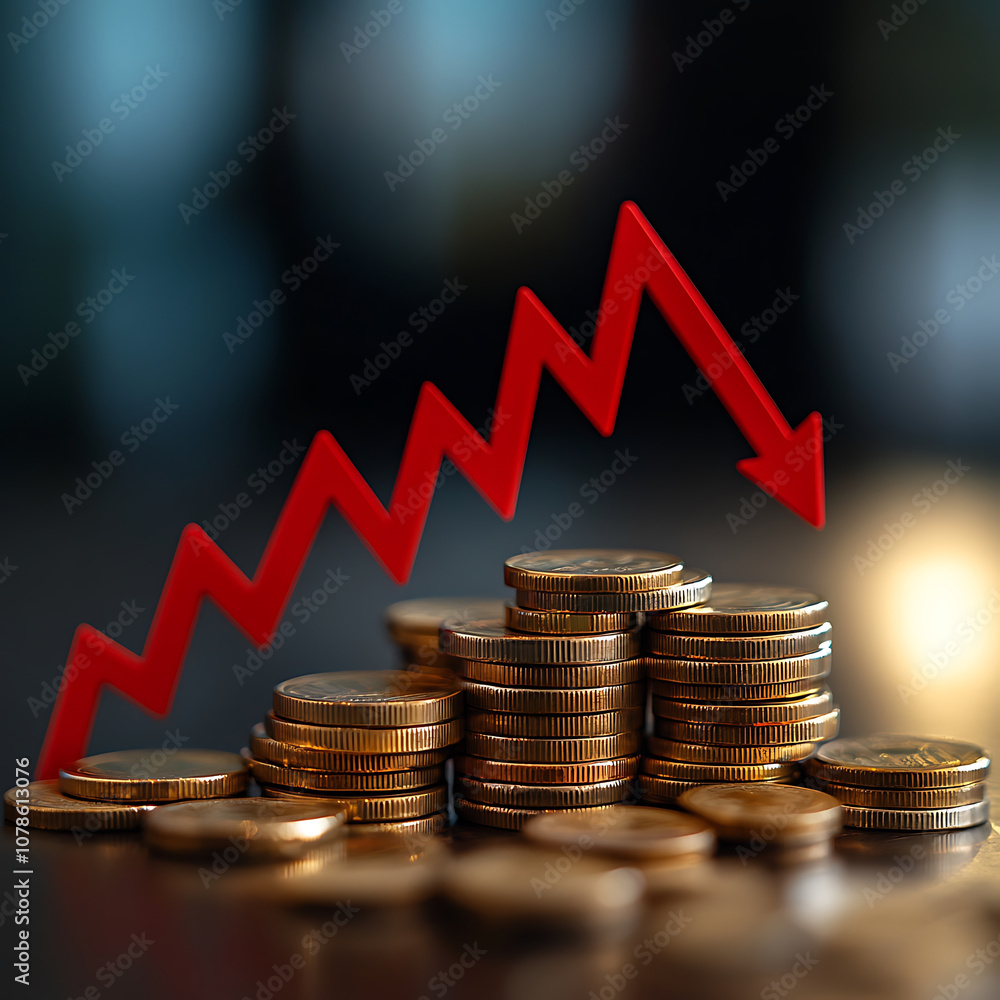 Poster stack of coins with red downward arrow indicating decline in value, representing financial loss and 