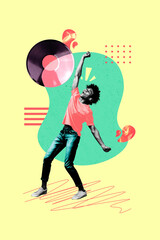 Vertical photo collage of happy american guy listen music headphones retro occasion cd disk weekend event isolated on painted background