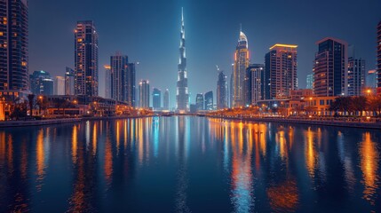 Fototapeta premium Mega tall skyscrapers. Modern glass skyscrapers against the sky. Tall modern skyscrapers with glass facades reflecting the surroundings. Night architecture.