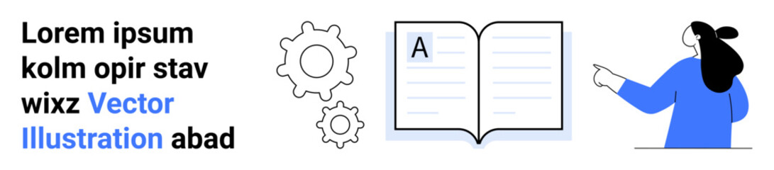 Woman continues pointing at an open book with text, surrounded by gears. Emphasizes knowledge sharing, educational tools, and conceptual learning. Ideal for academic, training, tutorials, workshops