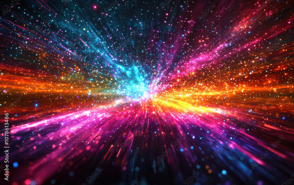 Wall mural vibrant cosmic explosion of color, featuring dynamic light trails and sparkling particles in a mesme