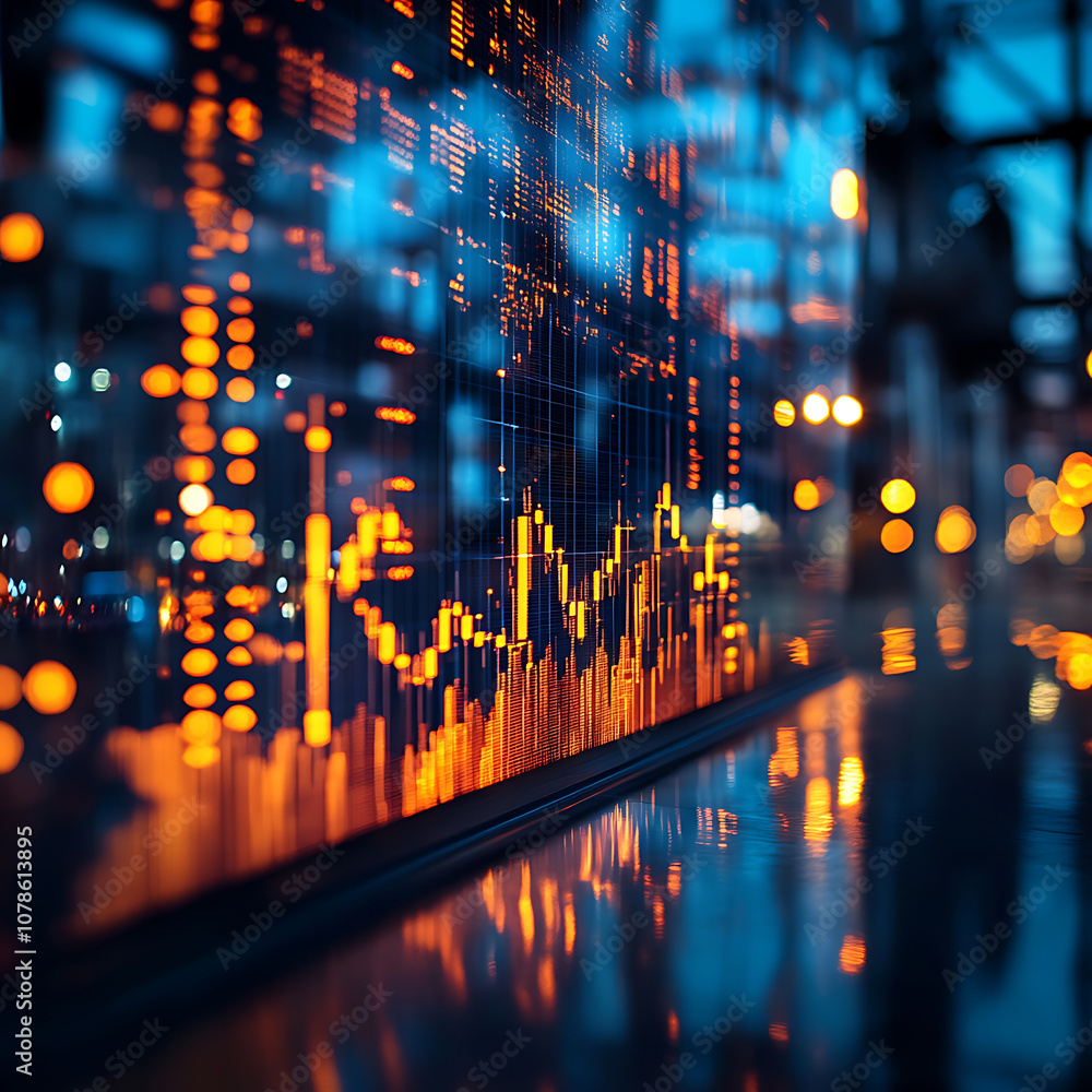 Poster dynamic financial market data visualization with glowing orange graphs and reflections. image captur