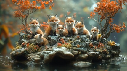 Cute Fox Family on a Small Island