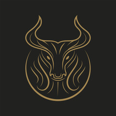 Raging bull  or minotaur line art vector logo with gold and black background