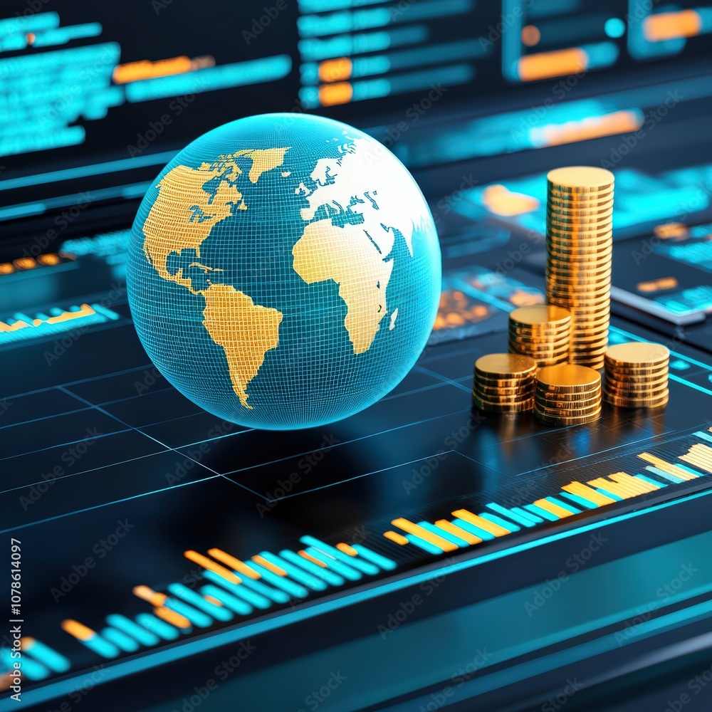 Poster digital globe with finance data visualizations and gold coins representing global investment trends 
