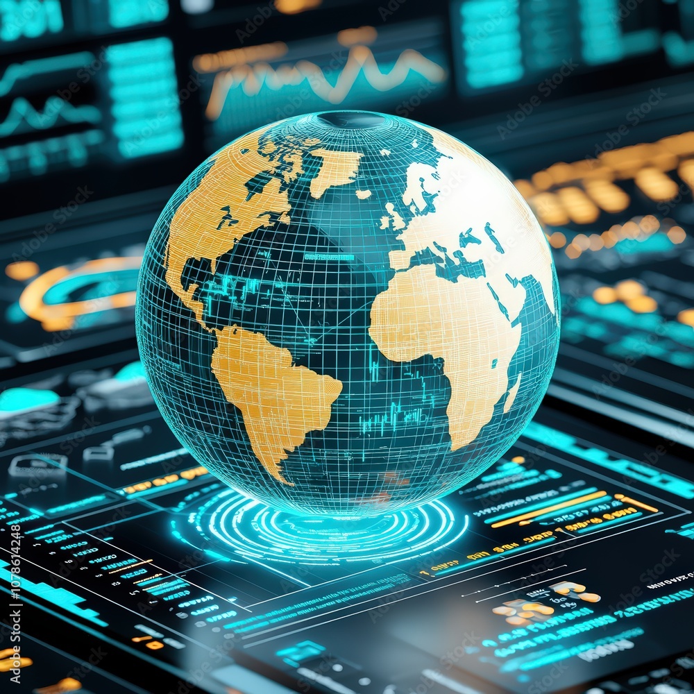 Poster futuristic digital globe with data visualization, innovative technology concept representing global 