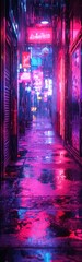 Obraz premium A narrow, neon-lit alleyway in a city at night.