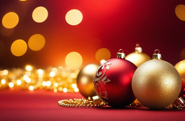 Christmas tree balls of red and gold color on a bokeh background with a place for an inscription. New Year card
