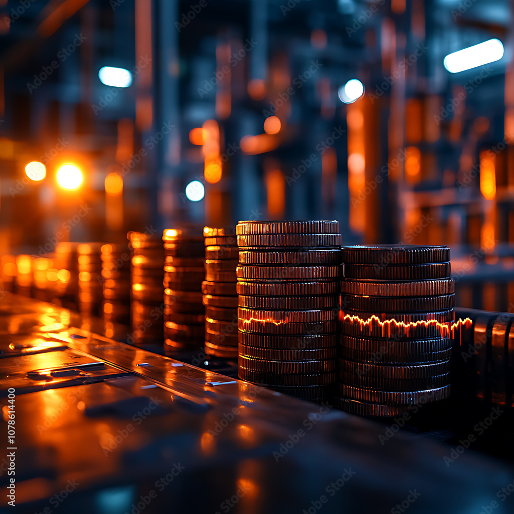 Poster stacks of coins illuminated in factory setting, showcasing commodity price trends and futures contra