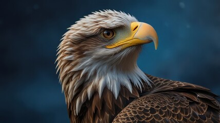 Obraz premium A close-up portrait of a majestic bald eagle with a sharp gaze, set against a dark blue background.
