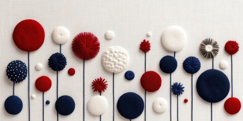 Vibrant fabric circles in red, white, and blue stand out against a textured background, capturing a festive, minimalist holiday theme.