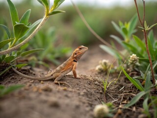 Fototapeta premium Tilt-Shift Photography of Otocryptis wiegmanni in Its Natural Habitat, Showcasing Its Unique Features and Behavior Amidst Vibrant Flora and Fauna of the Environment