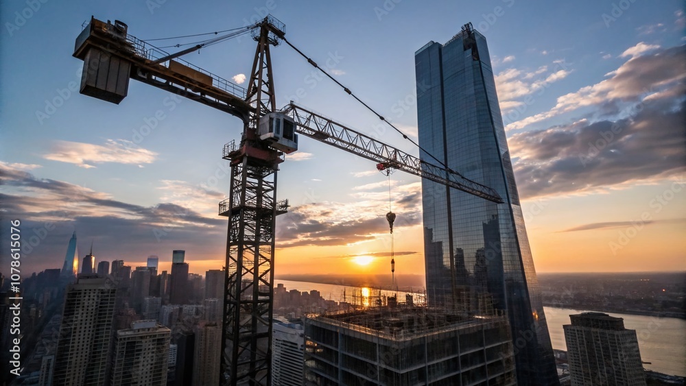 Poster timelapse of a construction crane at work on a skyscraper with vertical video perspective and rule o