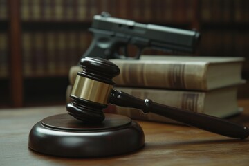 Justice and Crime with Gavel and Gun on Table