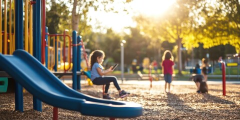 A public playground with empty exercise equipment in the foreground and children playing on tablets