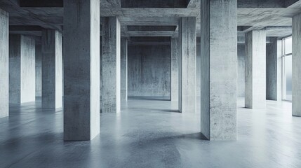 Fototapeta premium A minimalist concrete interior with large pillars and a window at the end of the room.
