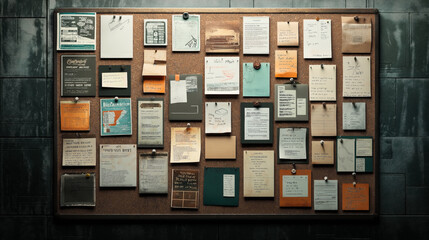 Cork bulletin board with assorted pinned notes, flyers, and papers of various colors and sizes in a dimly lit room.