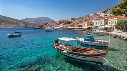 Obraz premium Traditional Greece: Serene Chalki Island Scene Featuring Old Boats, Colorful Taverns, and Tranquil Waters Perfect for Travel and Lifestyle Themes