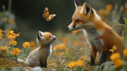 Fox Family in a Meadow