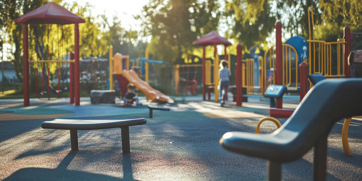 A public playground with empty exercise equipment in the foreground and children playing on tablets 