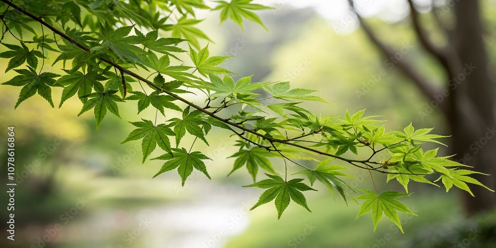 Poster tranquil green japanese maple branch with natural background and copy space for creative uses in nat