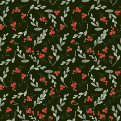 Watercolor seamless pattern of orange berries and leaves.Elements isolated on dark backround.