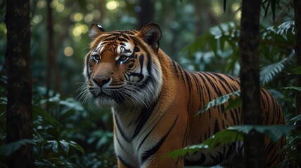 Fototapeta premium A majestic tiger with bright eyes stares intently at the camera through lush greenery.