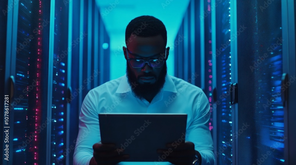 Poster a man wearing glasses is sitting in front of a computer screen